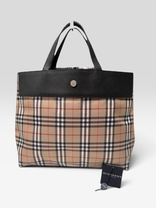 Burberry Handbags - Burberry London House Check Medium Tote Black Leather Trim Made in Italy